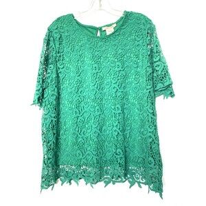 Philosophy Blouse Size 2XL Emeral Crochet Lace Short Sleeve Lined Keyhole Top